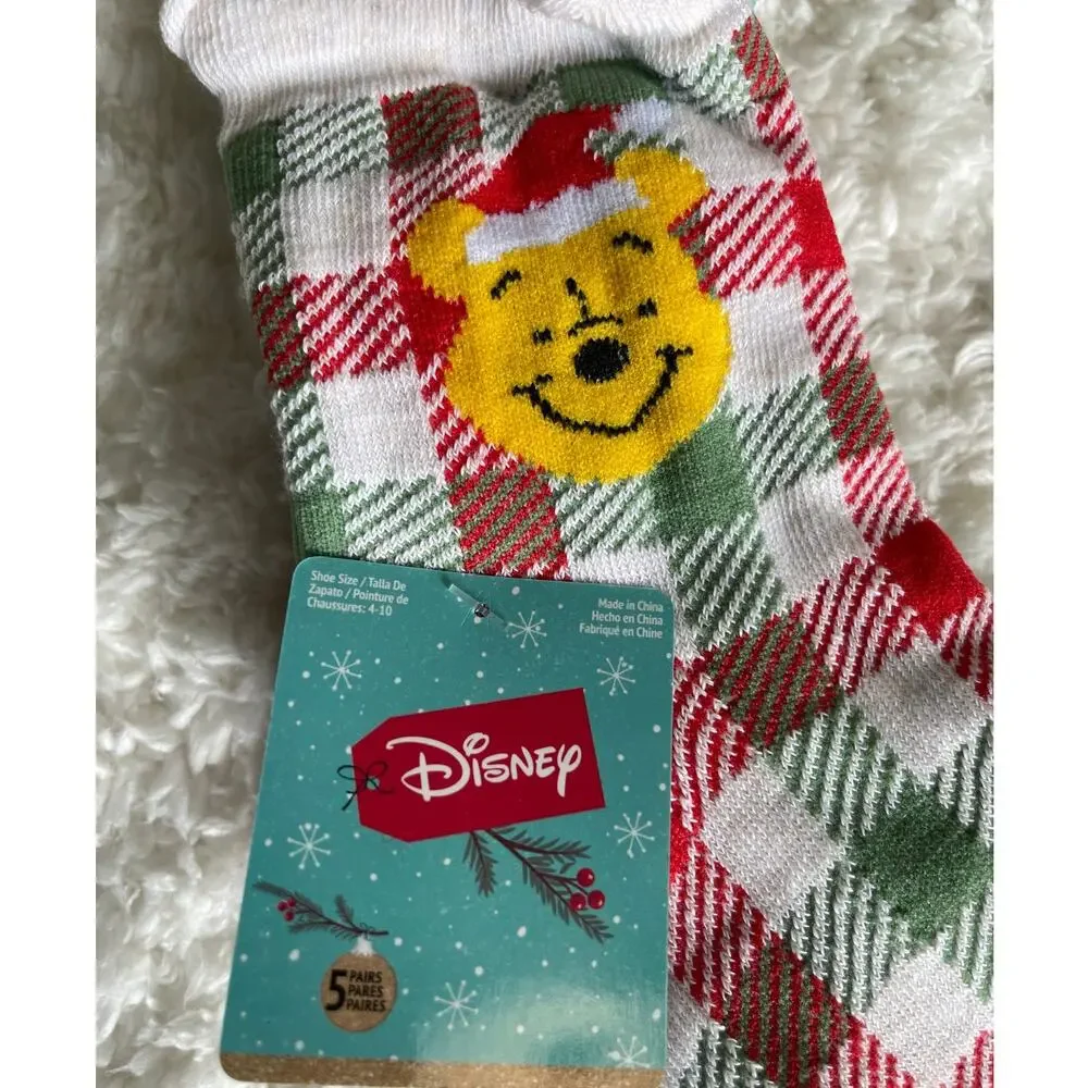 Disney Winnie The Pooh Christmas Holiday Plaid Colorful Socks 5 Pairs NEW